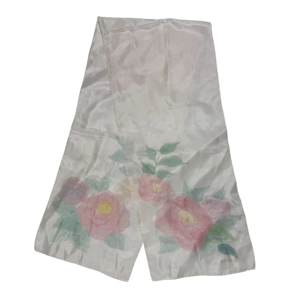 Vintage Hand Painted Silk Scarf B. Malloy Pastel Floral‎ Signed Hand Rolled Hem
